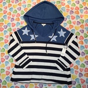 Crown&Ivy Blue White Stripes Long Sleeve Hoodie Sweater Stars around the chest
